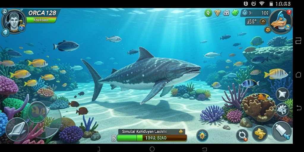 Screenshot ORCA128 menunjukkan keindahan visual bawah laut dalam gameplay Simulation.